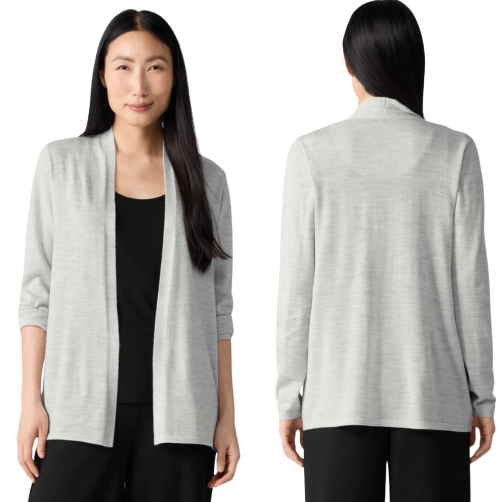 Eileen Fisher 100% Fine Merino Wool Long Open Cardigan Sea Salt Gray M - Picture 2 of 8